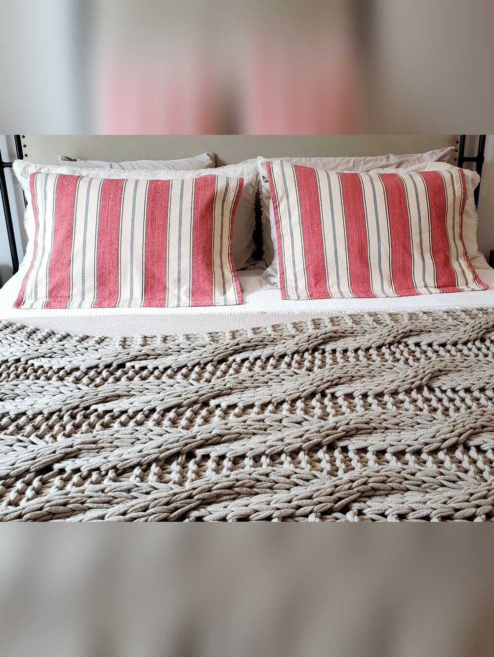 Pottery Barn Farmhouse Linen/Cotton Red/Cream Stripe Pillow Sham Set, Near New!